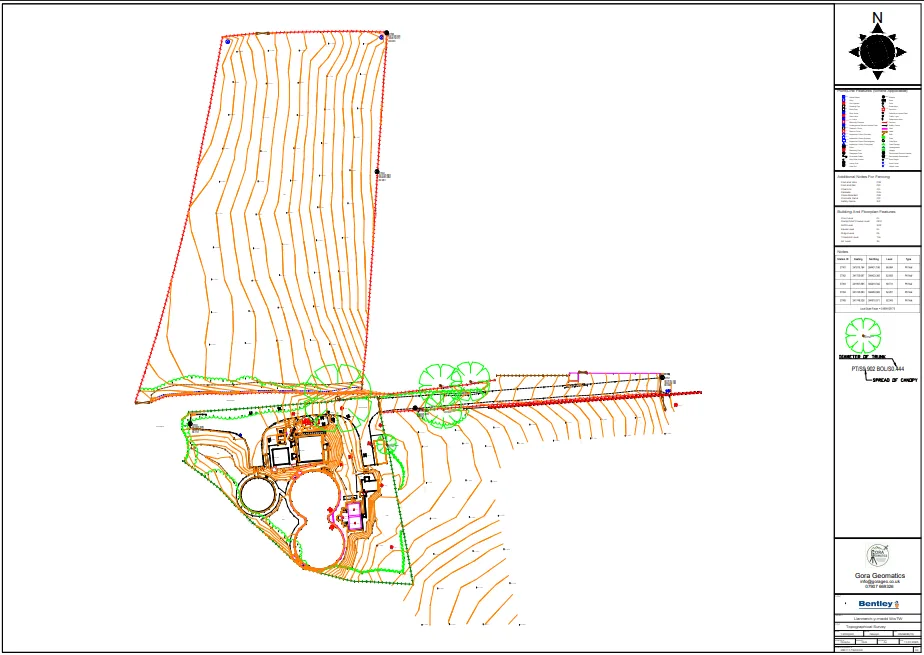 Gora Geomatics topographical survey drawing: orange contour lines across a field, green tree canopies, site boundaries and a title block