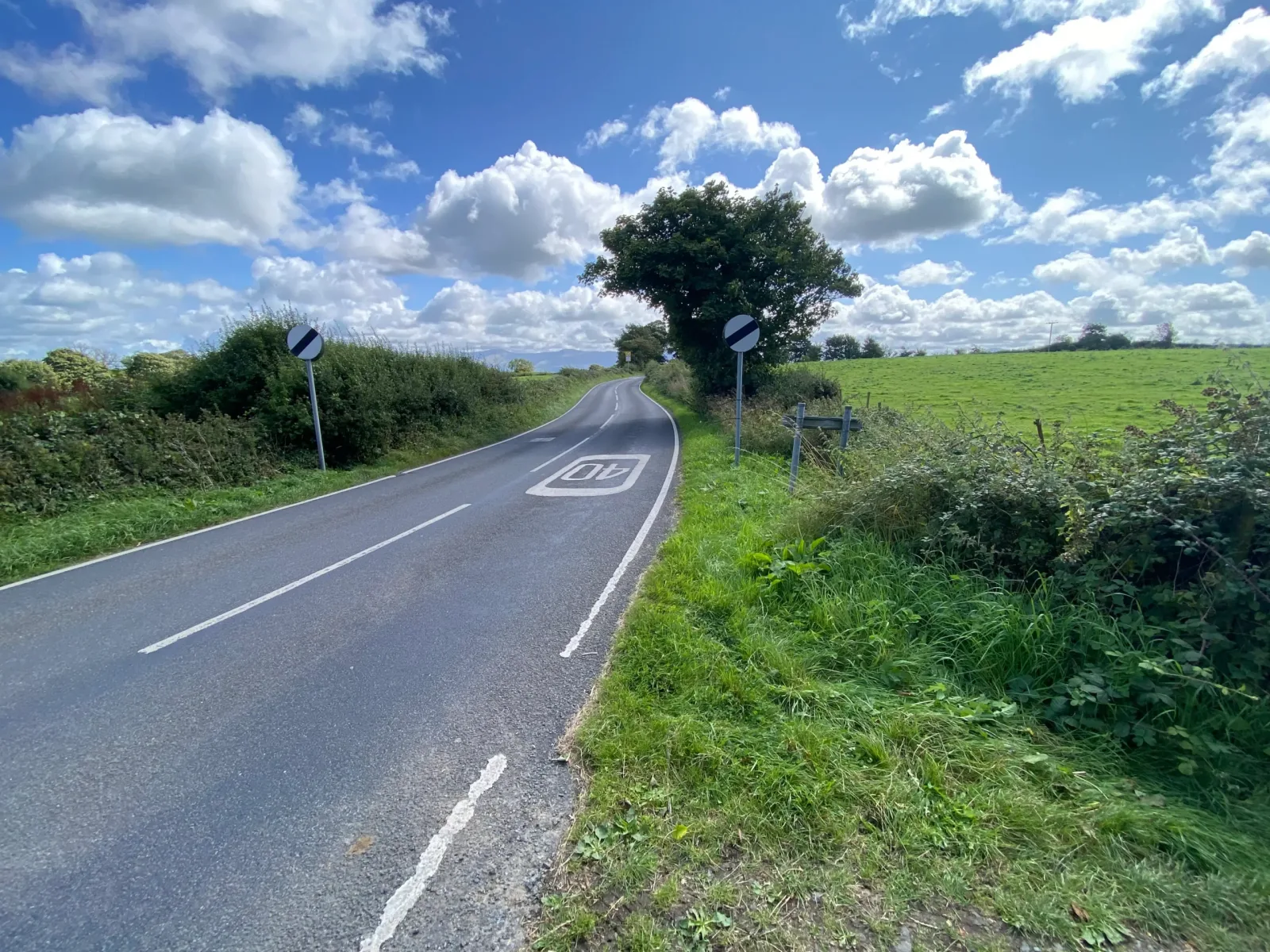 A rural road between hedgerows and green fields under a bright sky in North Wales