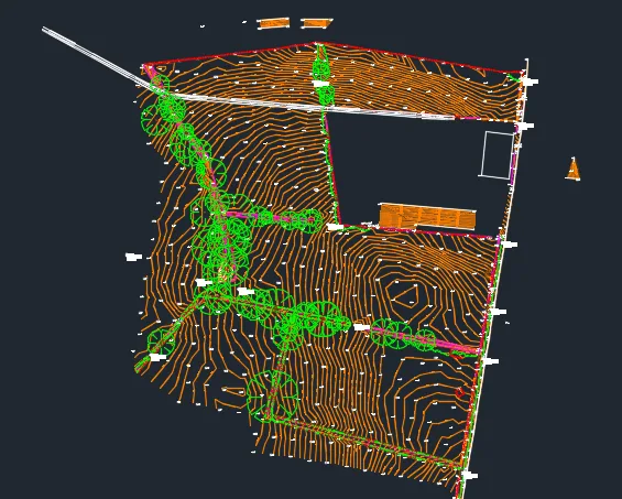 Topographical survey drawing with dense orange contour lines, green tree canopies and red site boundaries